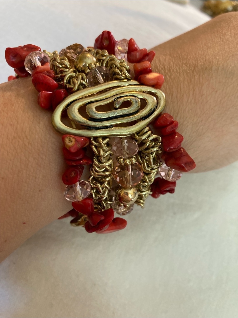 Red Beads and Gold Tone Chains Swirl Stretch Bohemian Bracelet